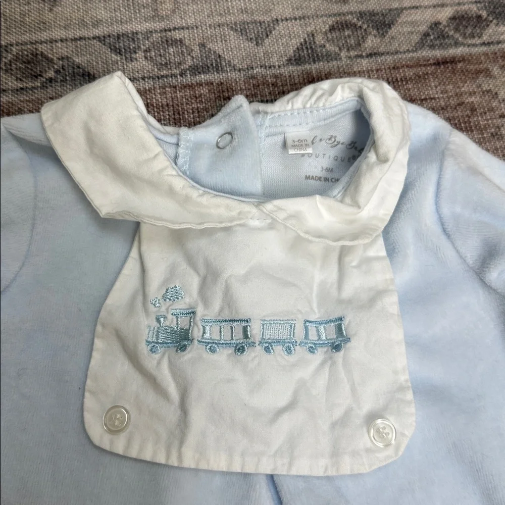 Rock a bye Baby boutique Blue velvet One Piece Embroidered Collar bib 3-6 months